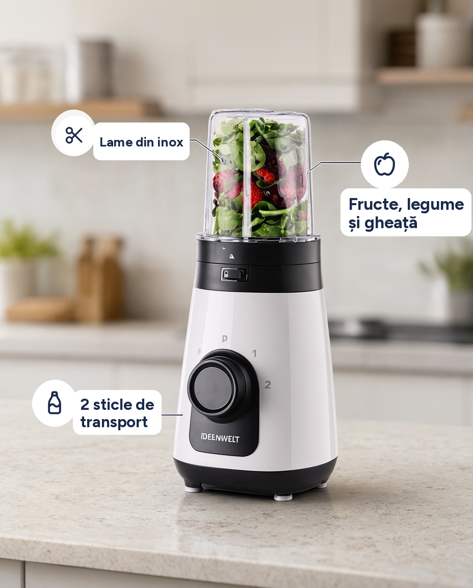 Aparat de smoothie Ideenwelt, lame inox, 2 sticle de transport