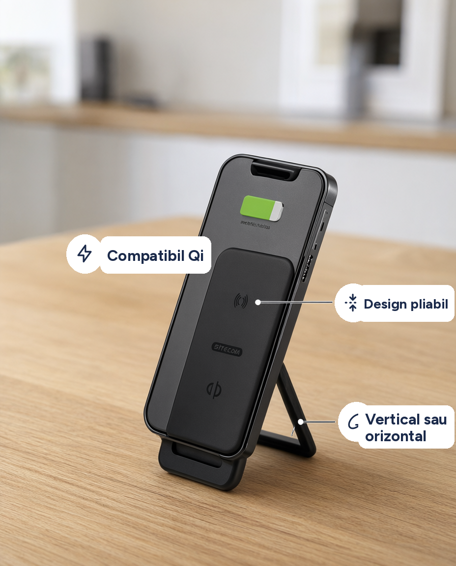 Stand de încărcare wireless rapid, pliabil, compatibil Qi