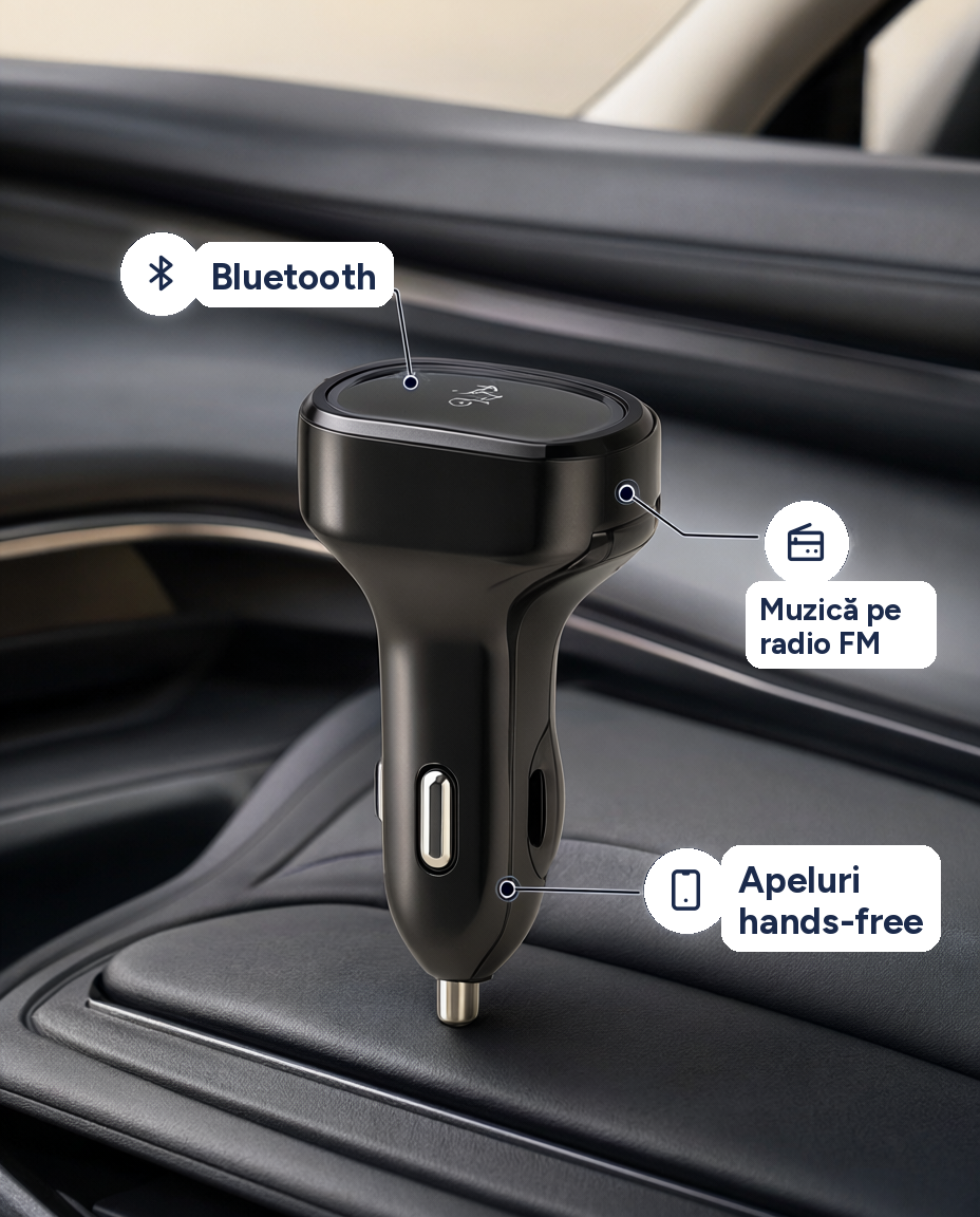 Transmițător FM Bluetooth pentru mașină, apeluri hands-free