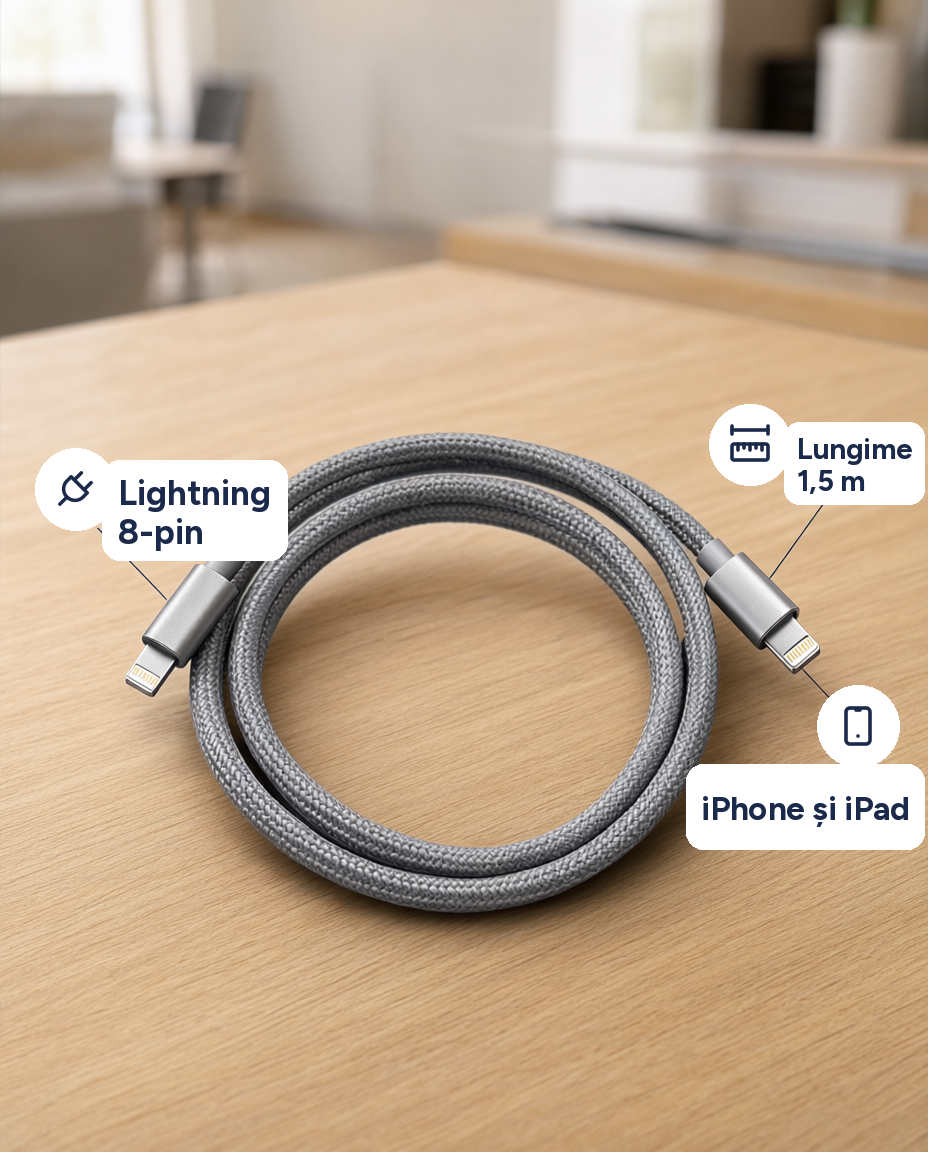 Cablu Lightning 8-pin, 1,5 m, încărcare și transfer de date