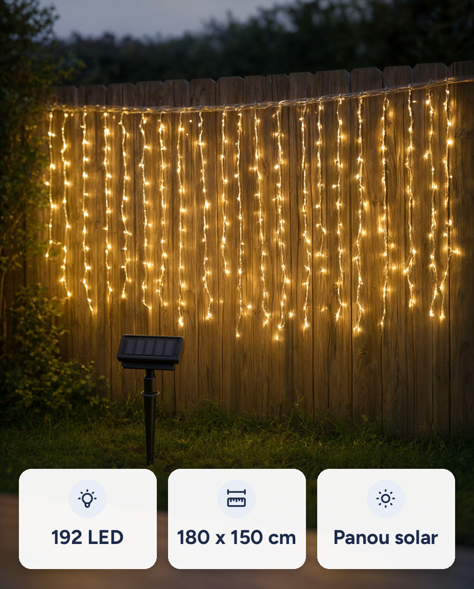 Perdea luminoasă solară 192 LED, alb cald, 180 x 150 cm, 8 funcții