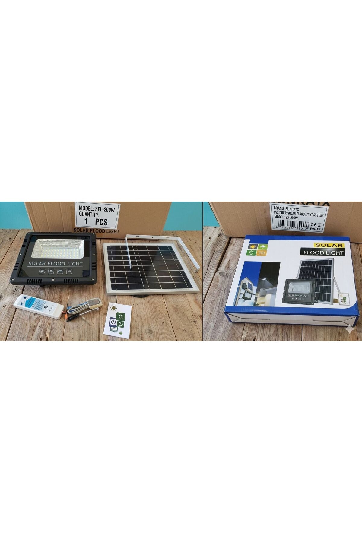 Jiayi Proiector LED Solar, Putere 200W, Autonomie 12-16h, Kit Complet cu Panou Fotovoltaic și Telecomandă, Rezistent la Apă IP66/IP67, Lumină Alb Rece 6500K, Funcție Automat/Amurg