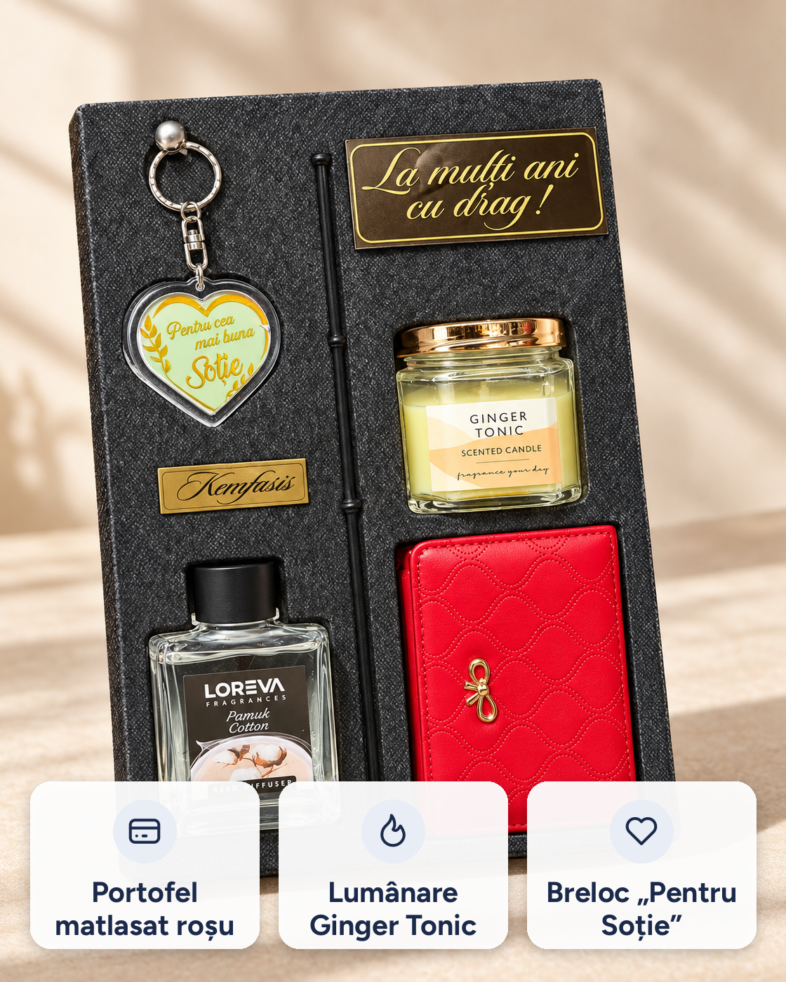 Set cadou damă Elegance: portofel, difuzor, lumânare parfumată, breloc inimă