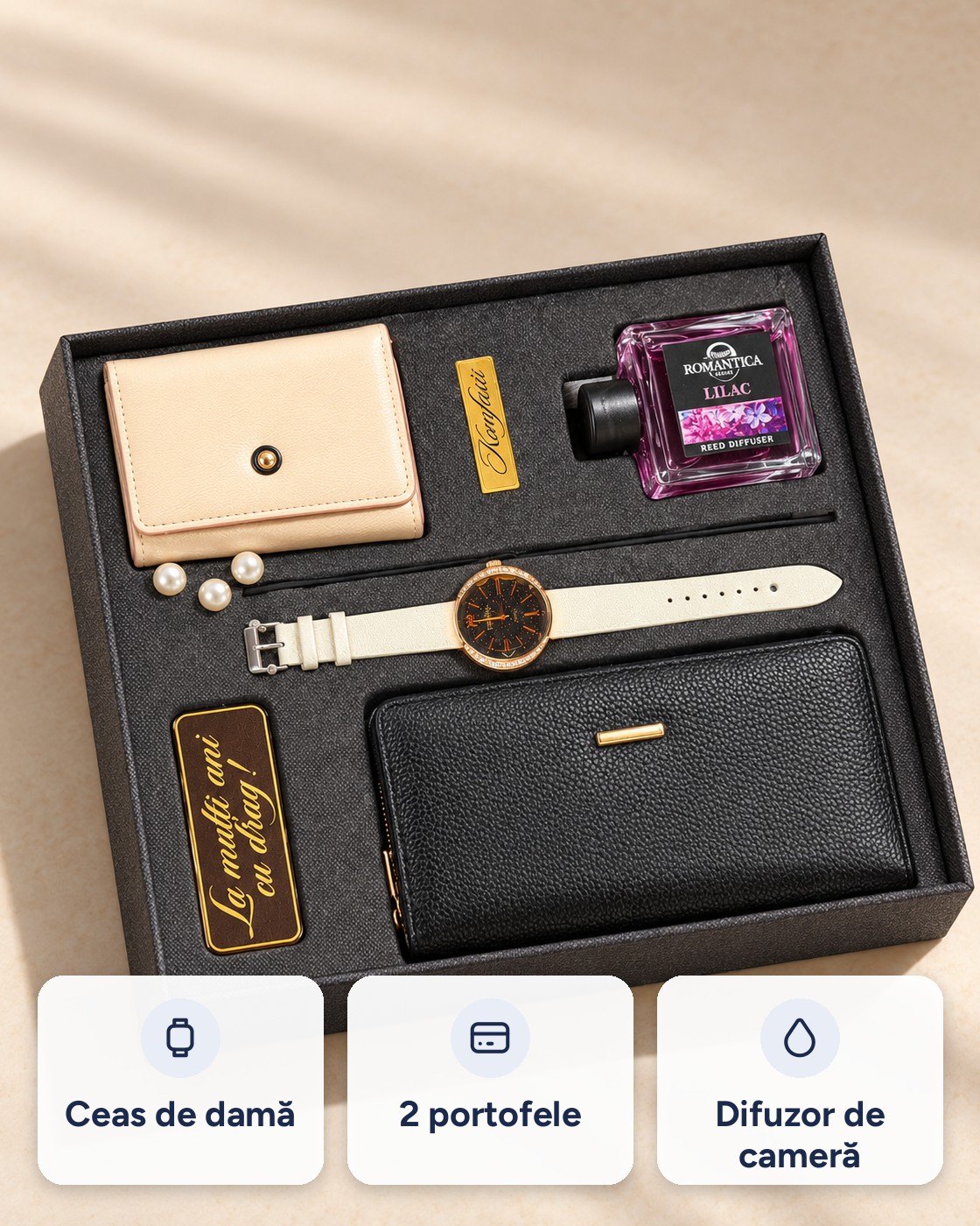 Set cadou Elegance damă: ceas, portofel, suport carduri, difuzor