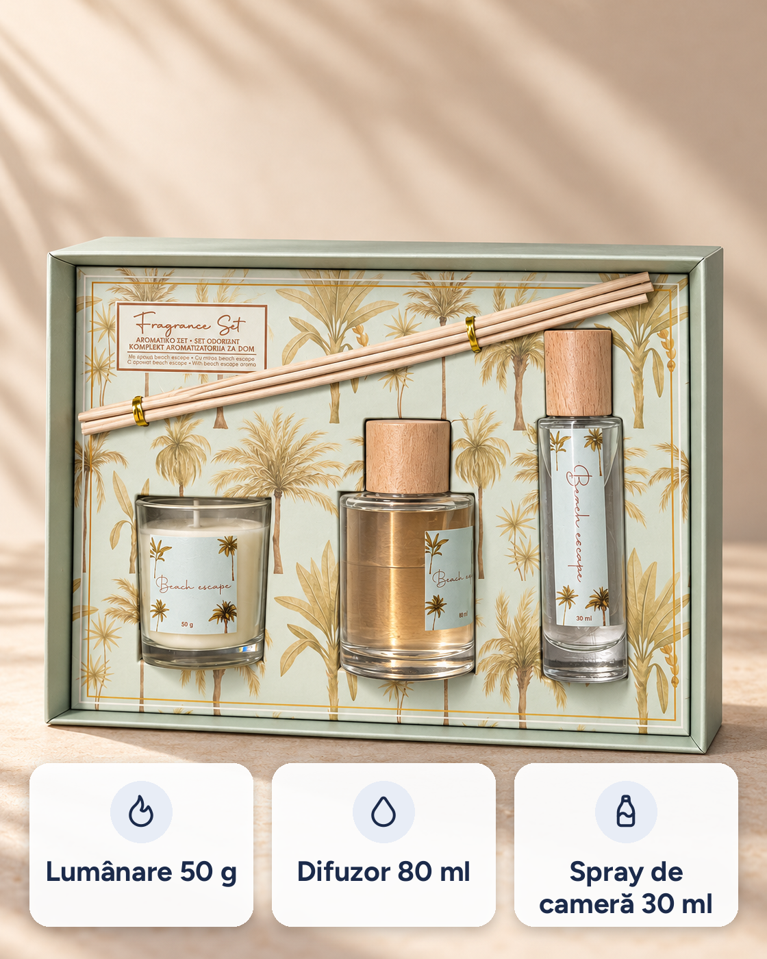 Set parfum de cameră Beach Escape: difuzor, lumânare și spray