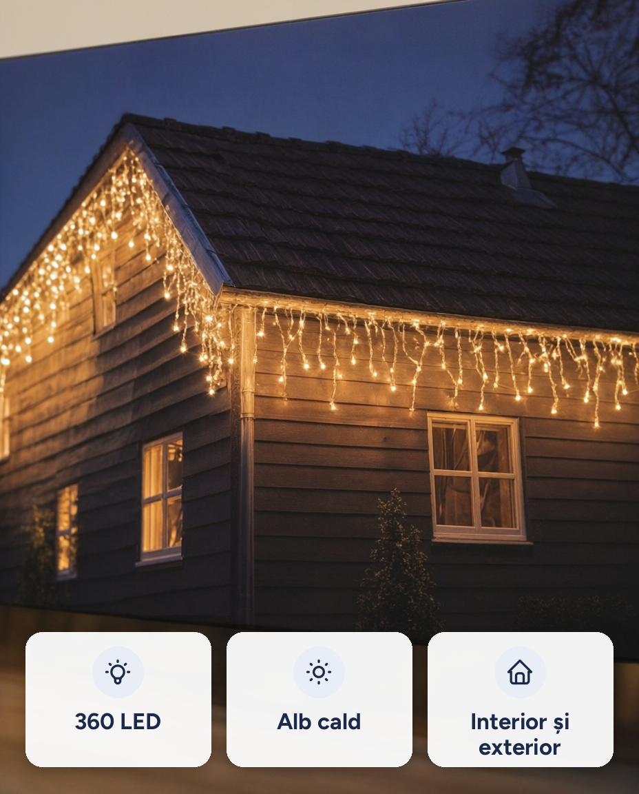 Instalație LED tip turțuri, 360 LED, alb cald, interior și exterior