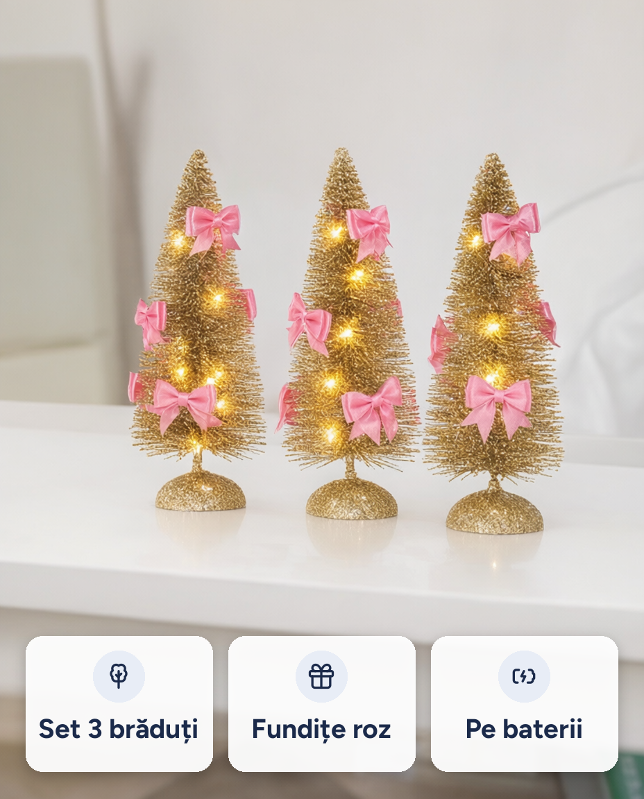 Set 3 brăduți decorativi cu LED, cu fundițe, pe baterii