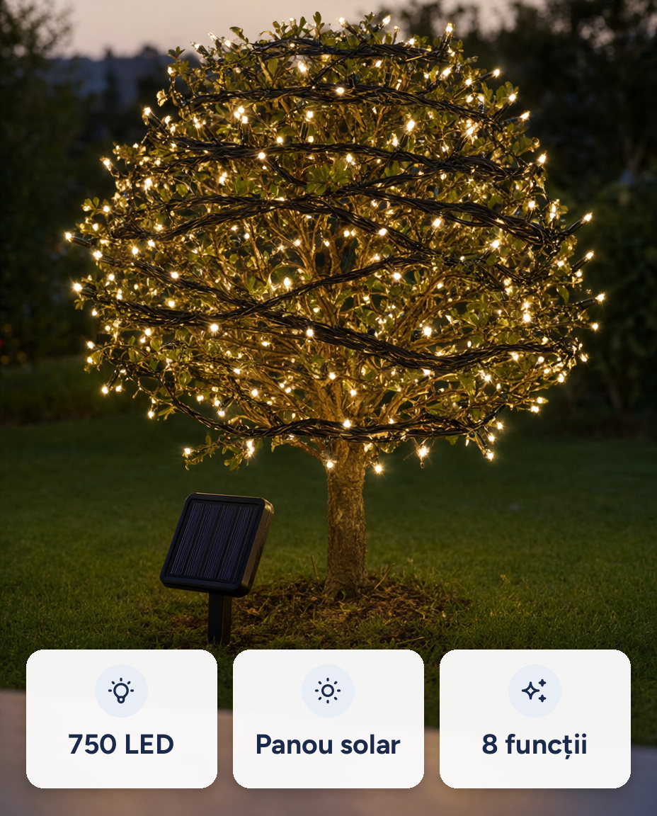 Instalație LED solară 750 LED, alb cald, 8 funcții, timer, exterior