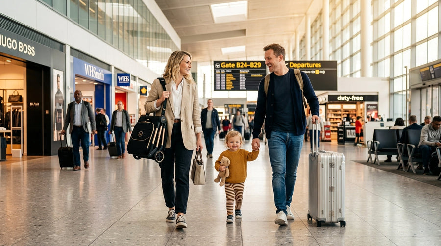 Familie calatorind in aeroport cu carucior pliabil omologat pentru avion ZUMII