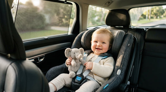 Bebelus vesel si confortabil in scaun auto I-Size in timpul calatoriei cu masina ZUMII