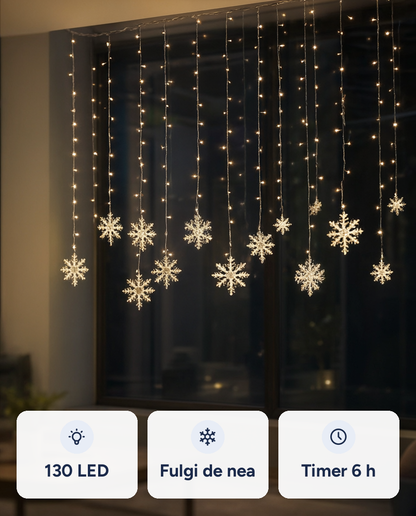 Perdea luminoasă cu fulgi de nea, 130 LED, alb cald, timer