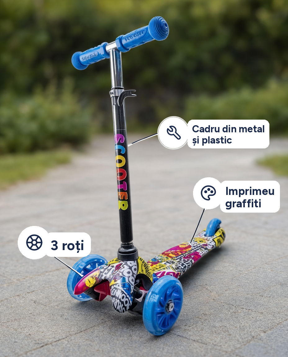 Trotinetă cu 3 roți pentru copii, imprimeu graffiti, cadru din metal și plastic