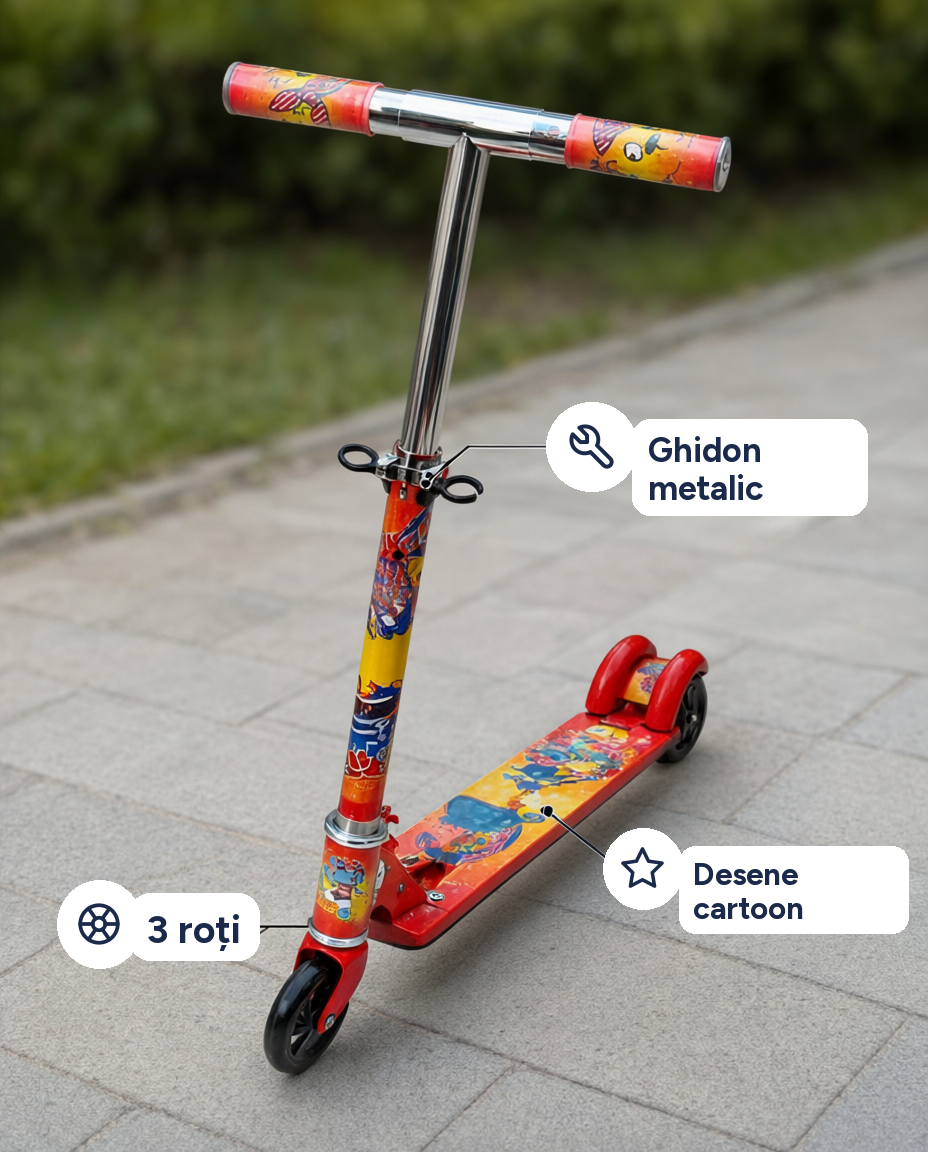 Trotinetă cu 3 roți pentru copii, desene animate, ghidon metalic