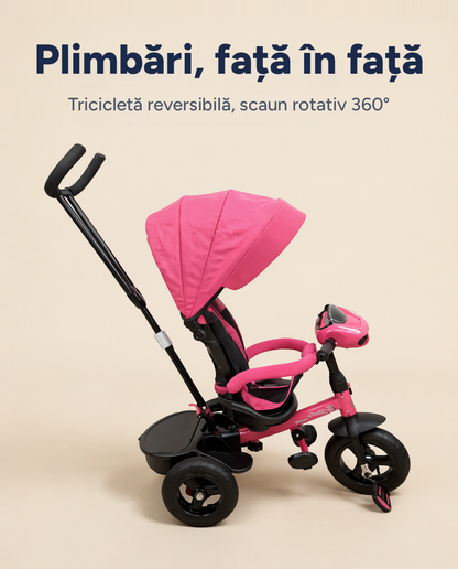 Tricicletă reversibilă pentru copii cu scaun rotativ 360° și copertină