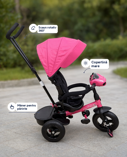 Tricicletă reversibilă pentru copii cu scaun rotativ 360° și copertină