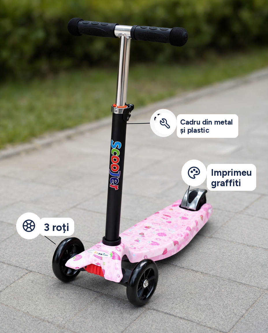 Trotinetă cu 3 roți pentru copii, imprimeu graffiti, cadru din metal și plastic