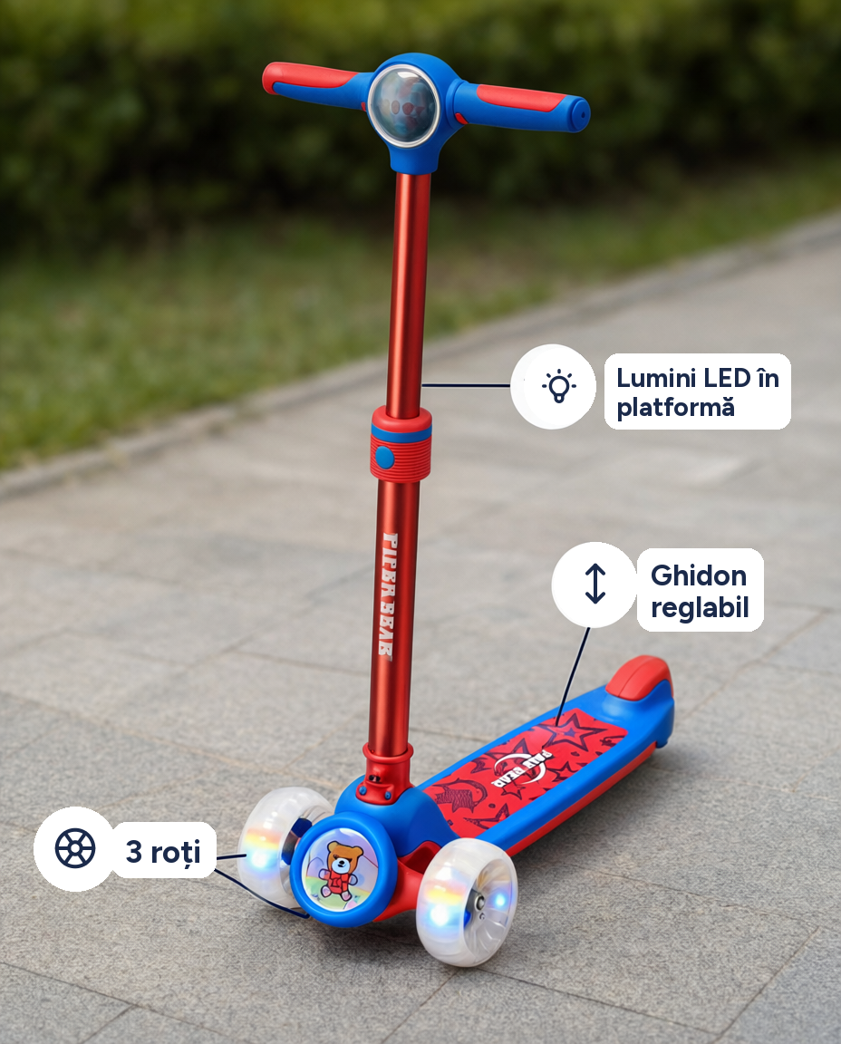 Trotinetă cu 3 roți pentru copii cu lumini LED în platformă, ghidon reglabil
