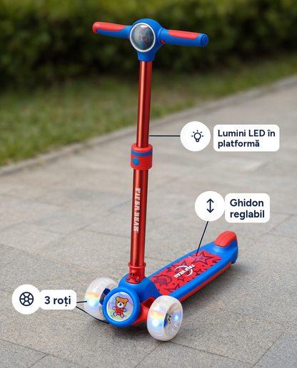 Trotinetă cu 3 roți pentru copii cu lumini LED în platformă, ghidon reglabil