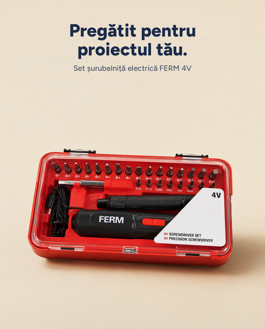 Set șurubelniță electrică de precizie FERM 4V, cu biți interschimbabili