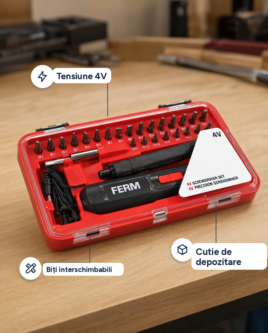 Set șurubelniță electrică de precizie FERM 4V, cu biți interschimbabili