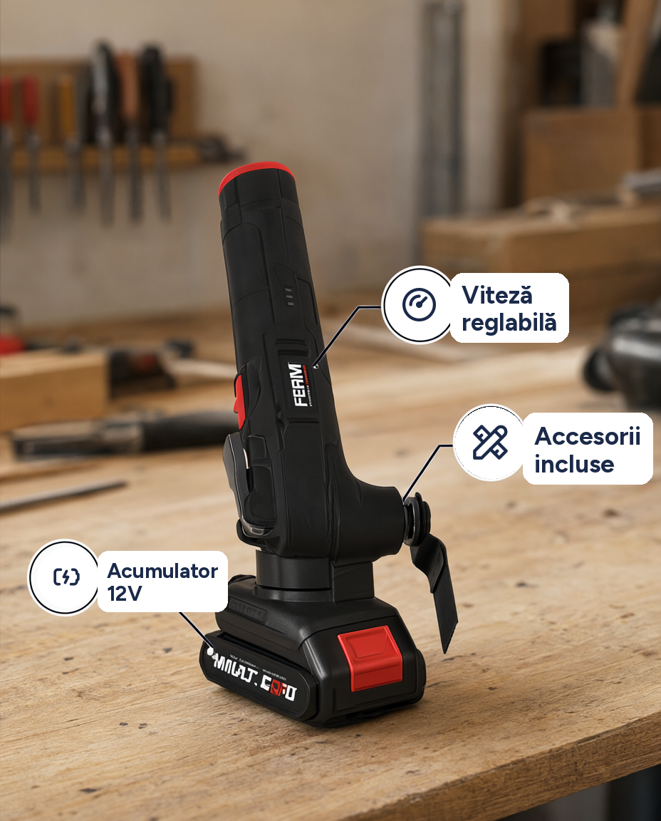 Unealtă multifuncțională fără fir FERM AX Power 12V, acumulator 1,5 Ah