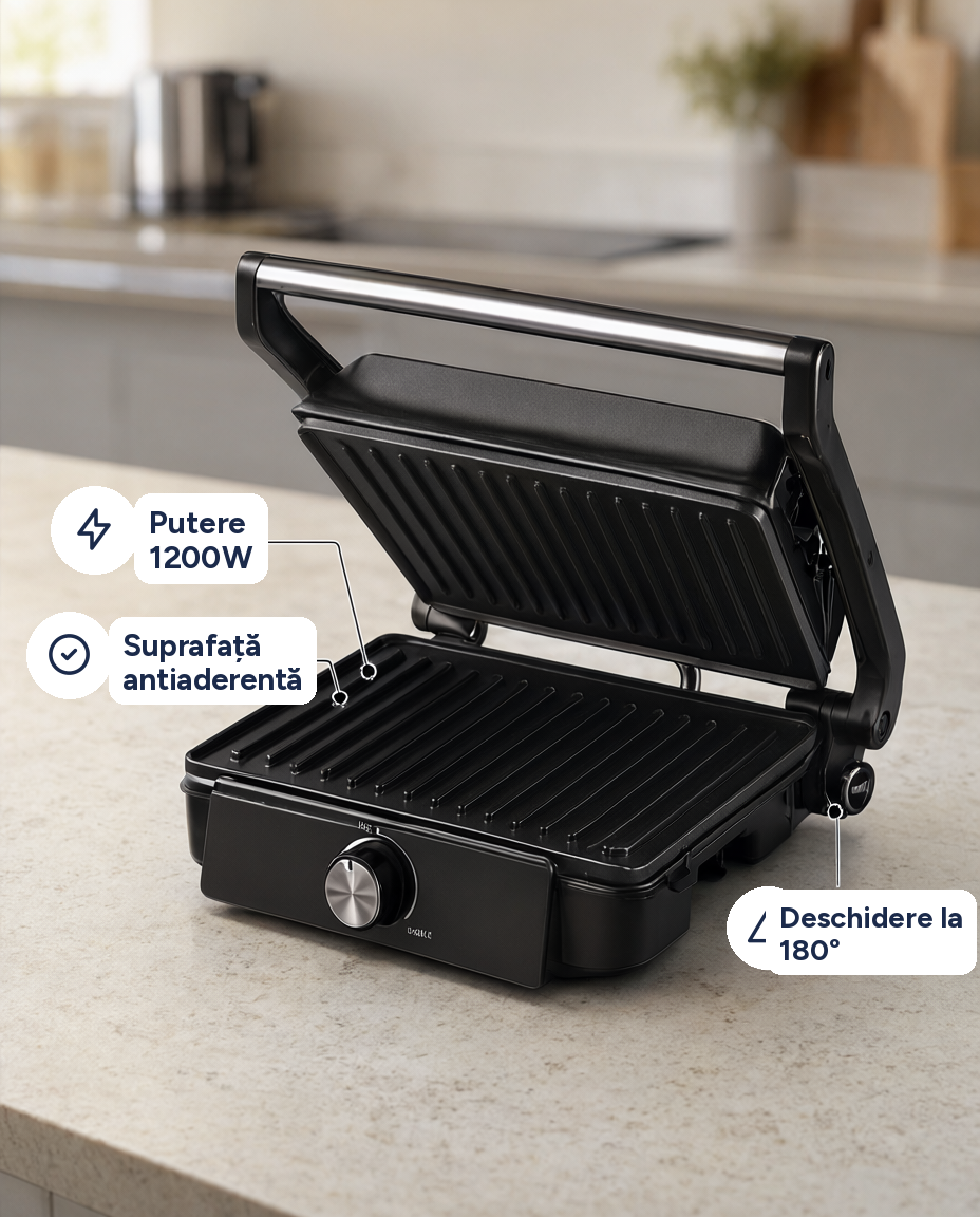 Grill electric de contact Ideenwelt 1200W, antiaderent, deschidere 180°