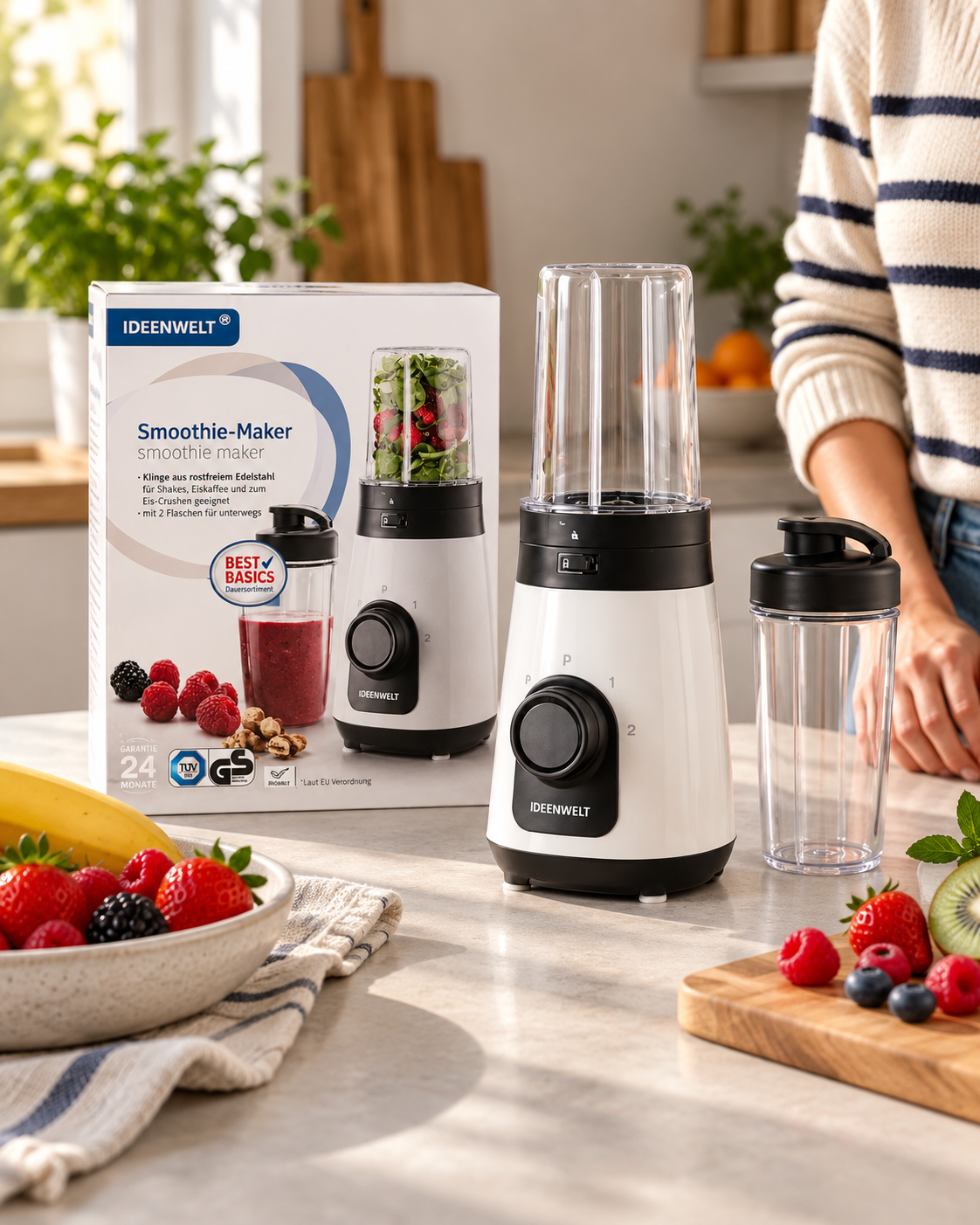 Aparat de smoothie Ideenwelt, lame inox, 2 sticle de transport