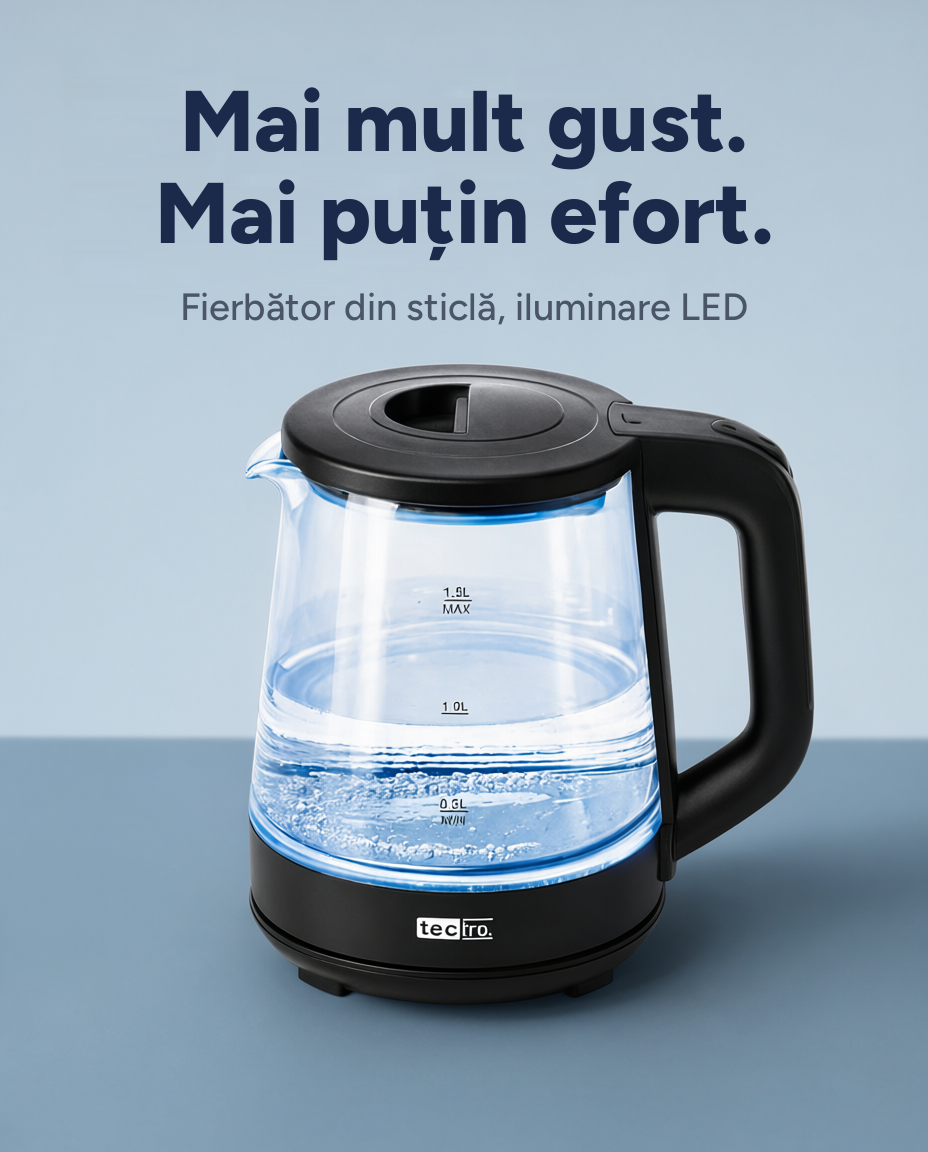 Fierbător electric din sticlă 1500W, 1,5 L, iluminare LED