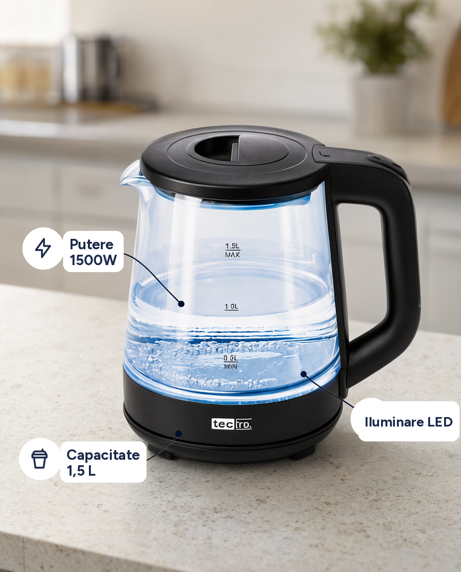 Fierbător electric din sticlă 1500W, 1,5 L, iluminare LED