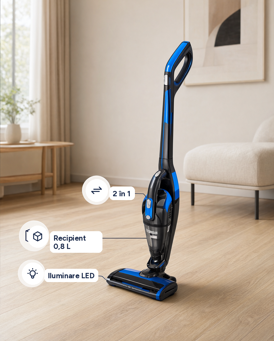 Aspirator vertical fără fir 2 în 1 Tectro, 0,8 L, 2 viteze, LED