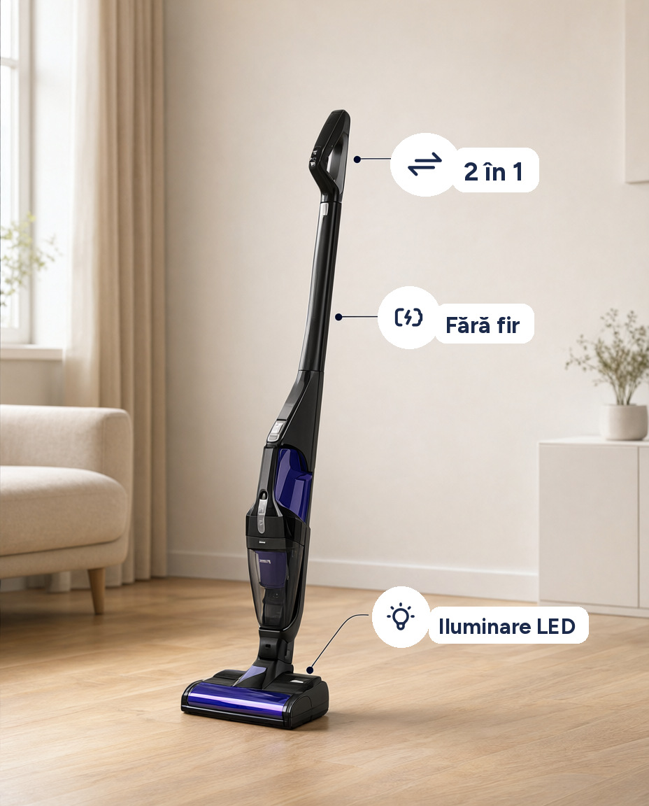 Aspirator vertical fără fir 2 în 1, iluminare LED