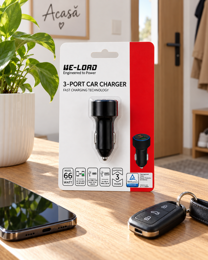 Încărcător auto rapid 66W, 3 porturi (2x USB-C, 1x USB-A)
