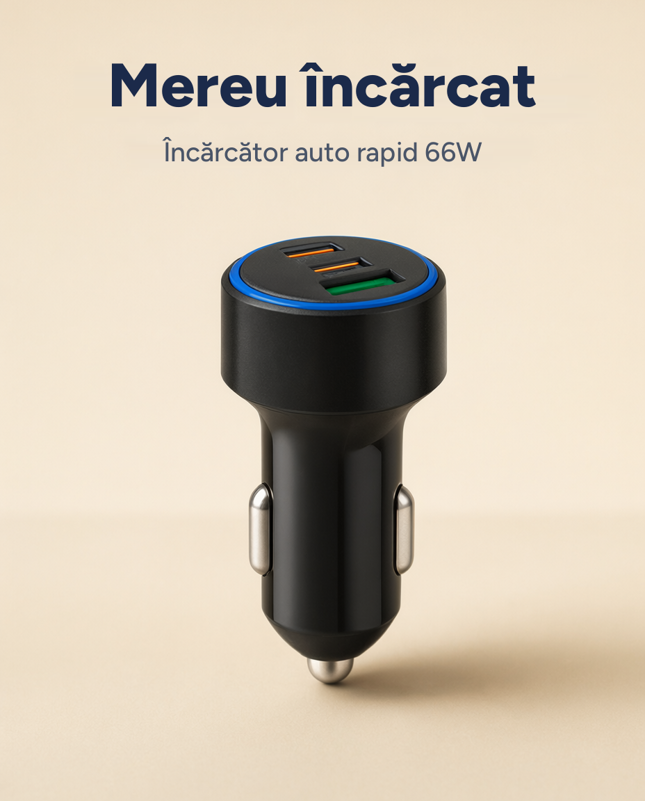 Încărcător auto rapid 66W, 3 porturi (2x USB-C, 1x USB-A)