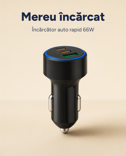 Încărcător auto rapid 66W, 3 porturi (2x USB-C, 1x USB-A)