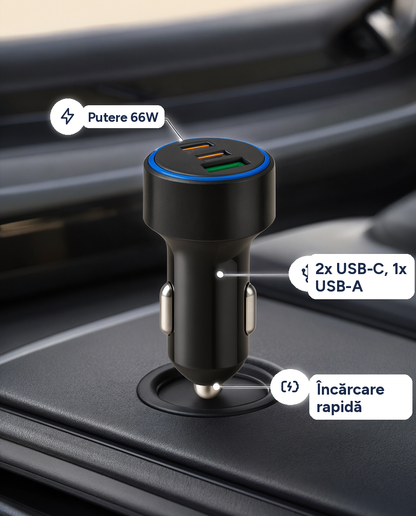 Încărcător auto rapid 66W, 3 porturi (2x USB-C, 1x USB-A)