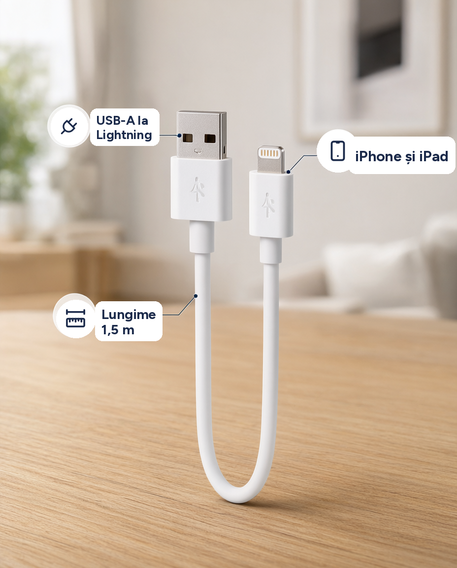 Cablu USB-A la Lightning, 1,5 m