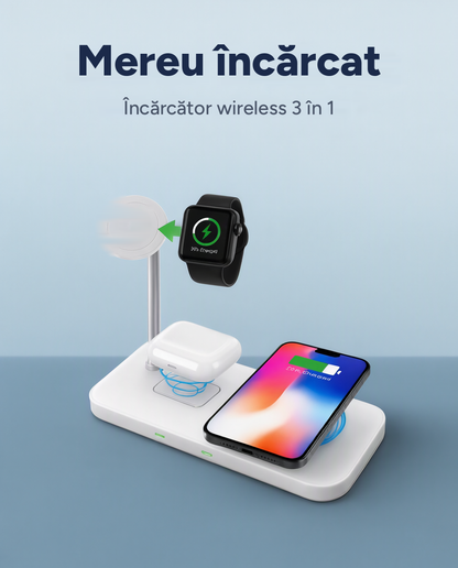 Încărcător wireless 3 în 1 pentru telefon, smartwatch și căști