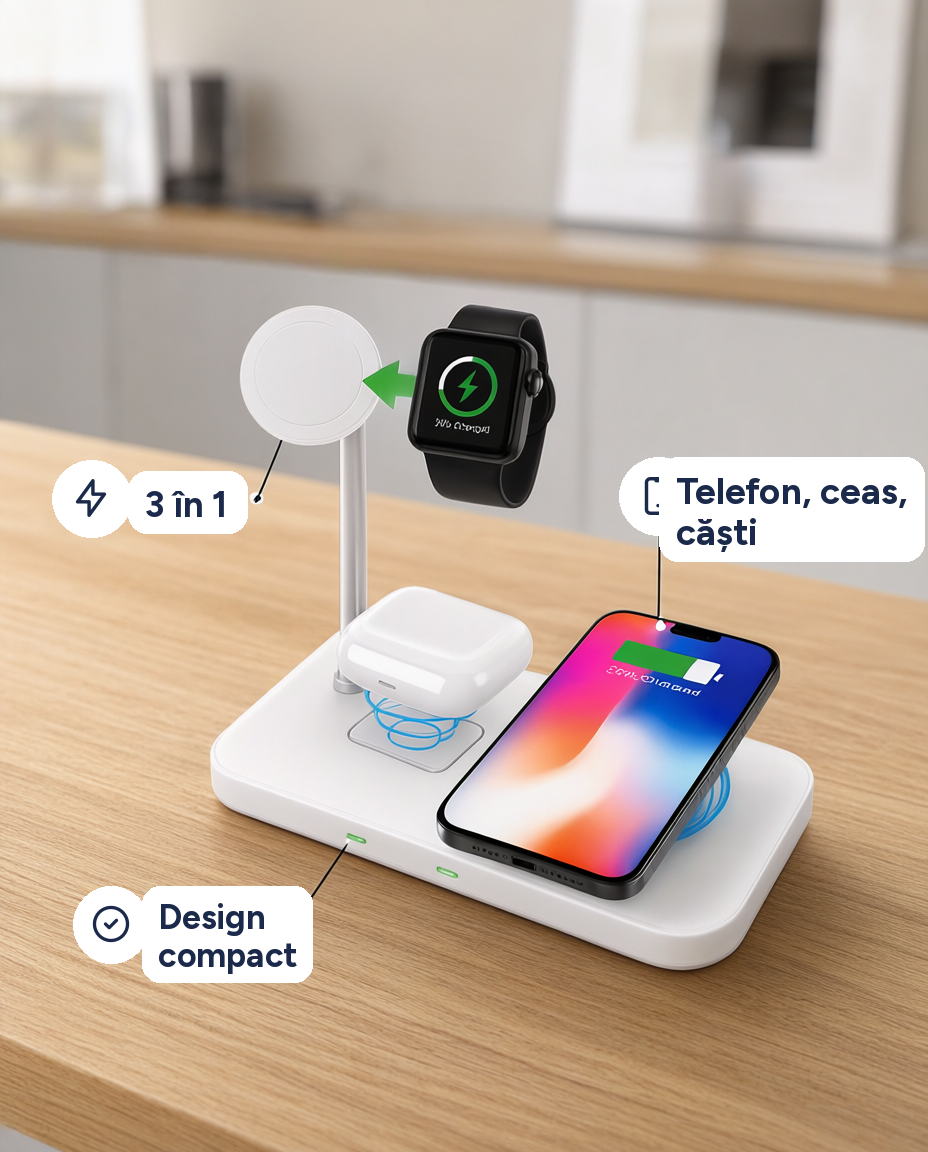 Încărcător wireless 3 în 1 pentru telefon, smartwatch și căști