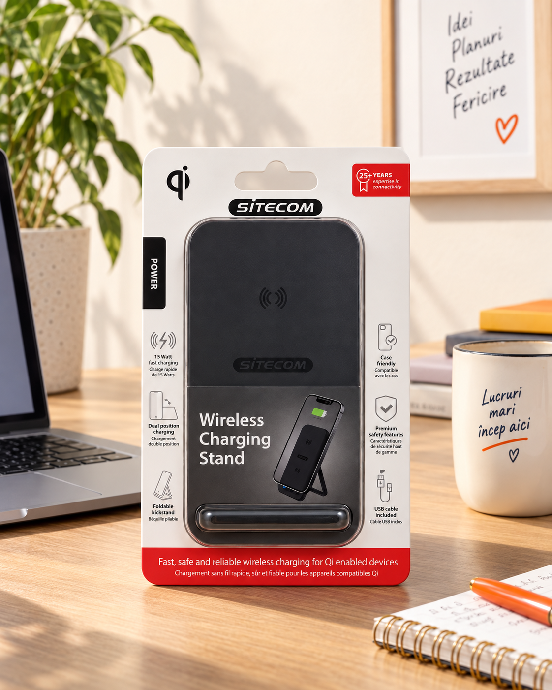 Stand de încărcare wireless rapid, pliabil, compatibil Qi