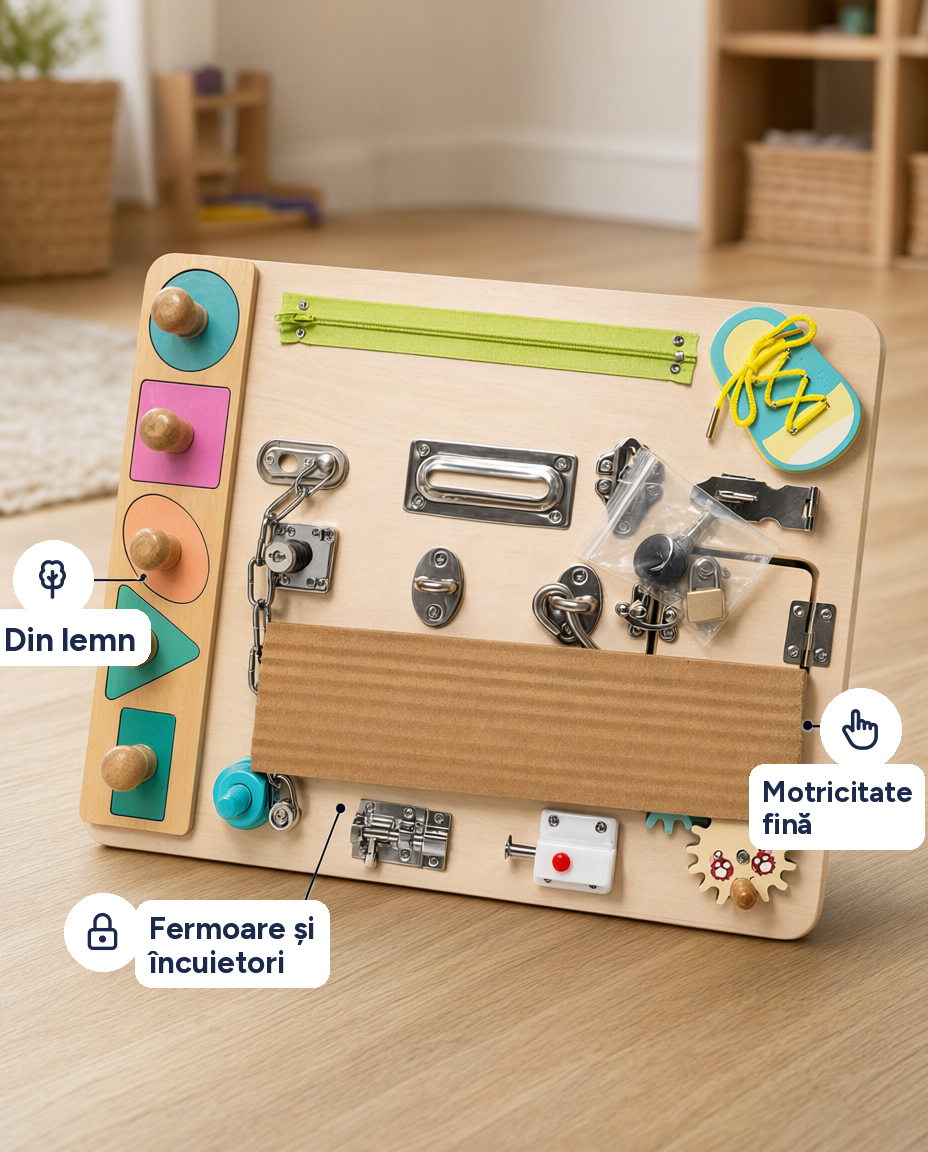 Placă senzorială Montessori Busy Board din lemn