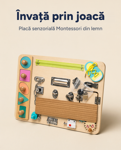 Placă senzorială Montessori Busy Board din lemn