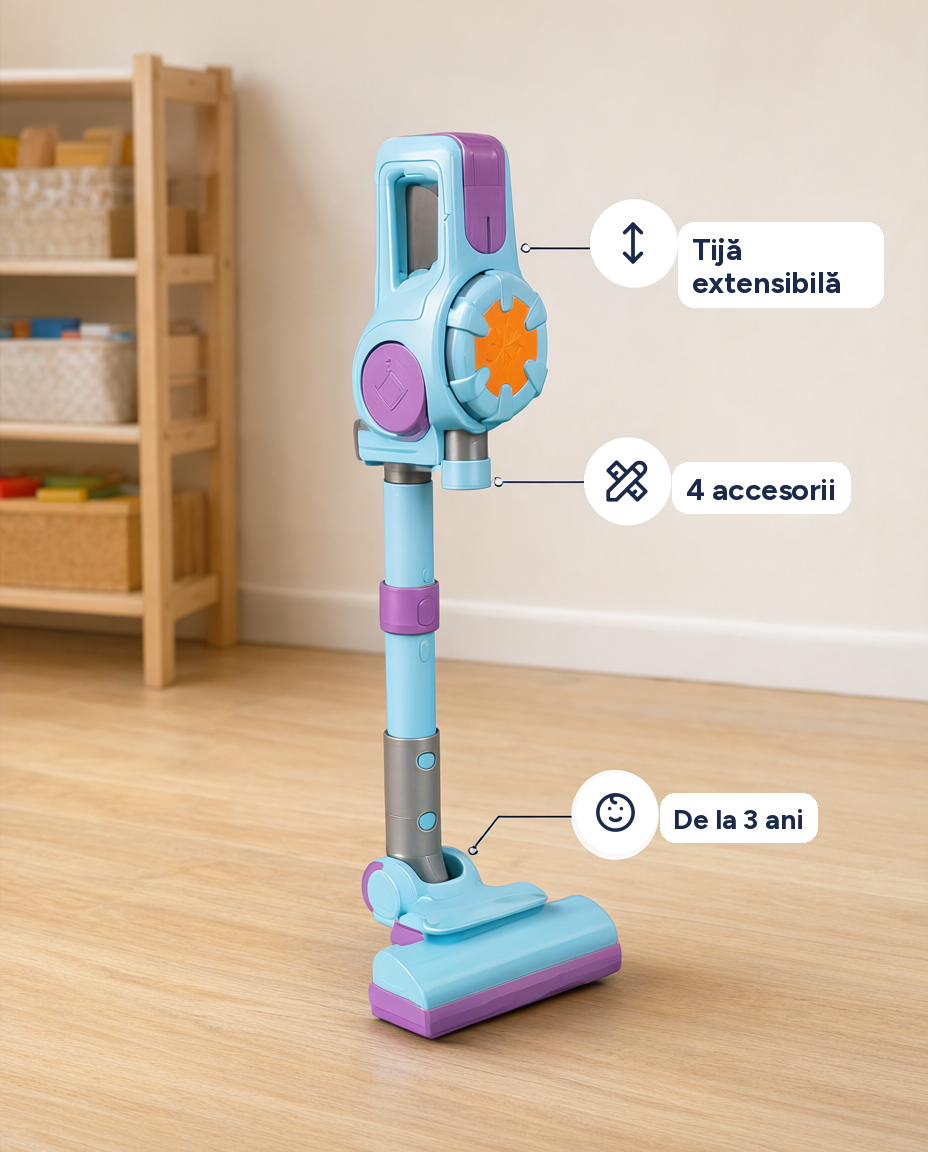 Aspirator de jucărie pentru copii cu tijă extensibilă și 4 accesorii