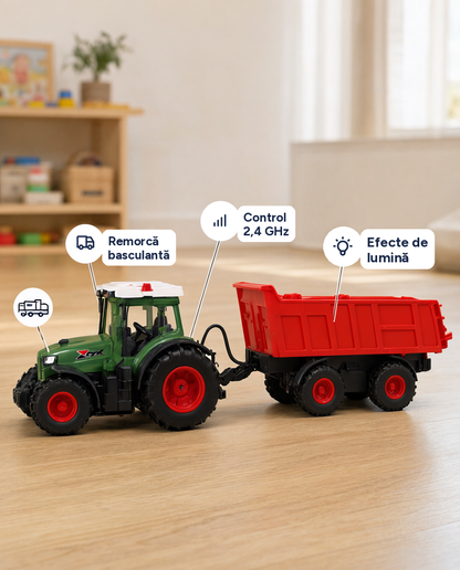 Tractor de fermă cu telecomandă și remorcă basculantă, 2,4 GHz