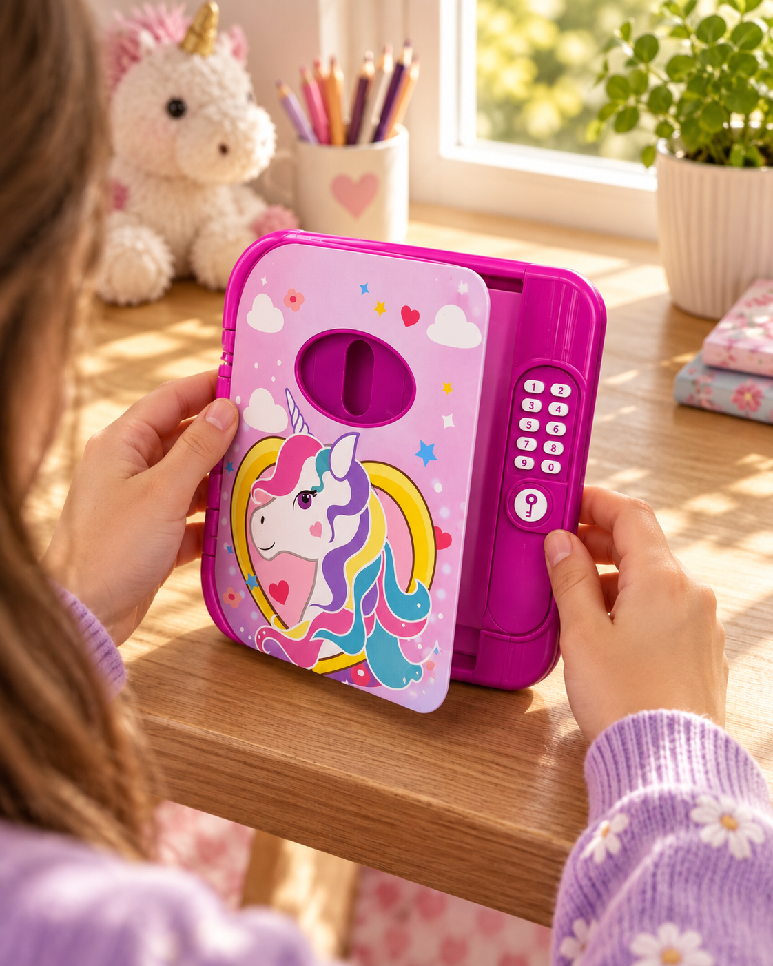 Jurnal electronic pentru copii cu cod de acces, lumini și sunete, model unicorn