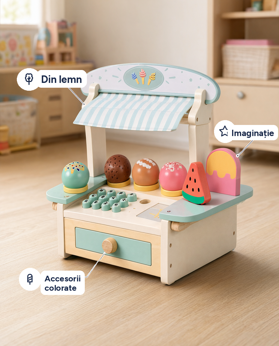 Stand de înghețată din lemn pentru joacă de rol, cu accesorii