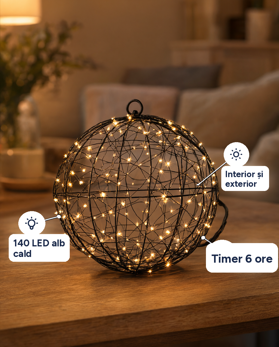Glob luminos Twinkle, 140 LED, Ø18 cm, alb cald, timer, interior și exterior