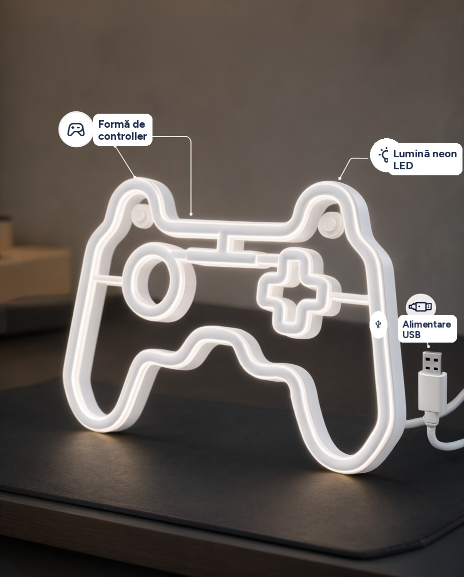 Lampă neon LED în formă de controller de gaming, alimentare USB