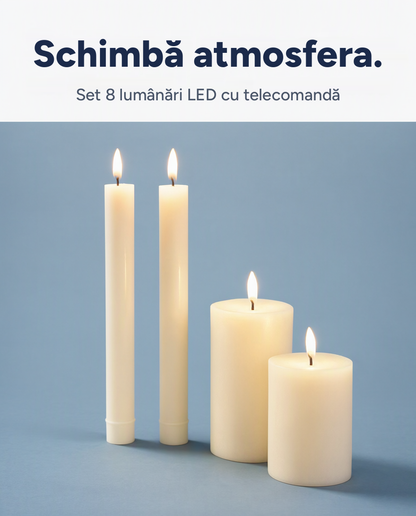 Set 8 lumânări LED cu telecomandă și timer