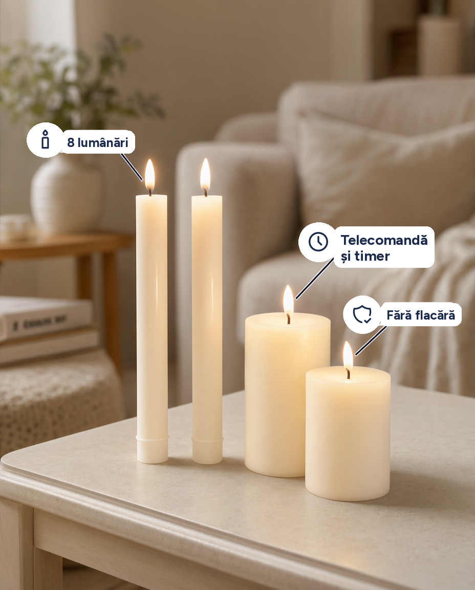 Set 8 lumânări LED cu telecomandă și timer