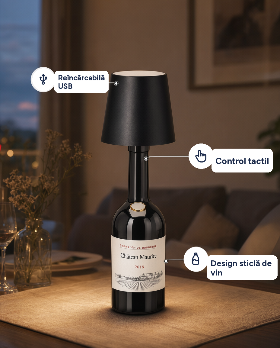 Lampă de masă LED în formă de sticlă, reîncărcabilă USB, control tactil